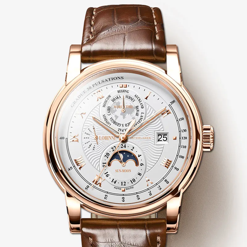 Nová Lobinni Luxury Brand Seagull ST16K3-3A Automatické mechanické pánske hodinky Sapphire World Time 50 m vodotesné hodiny L16003-5