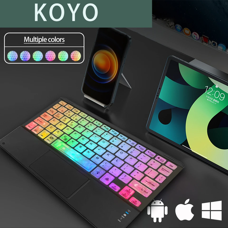 Nová Mini RGB Backlit Bluetooth klávesnica s dotykovým prepadom pre okná Android s tabletom s priehľadnými tlačidlami nabíjateľné