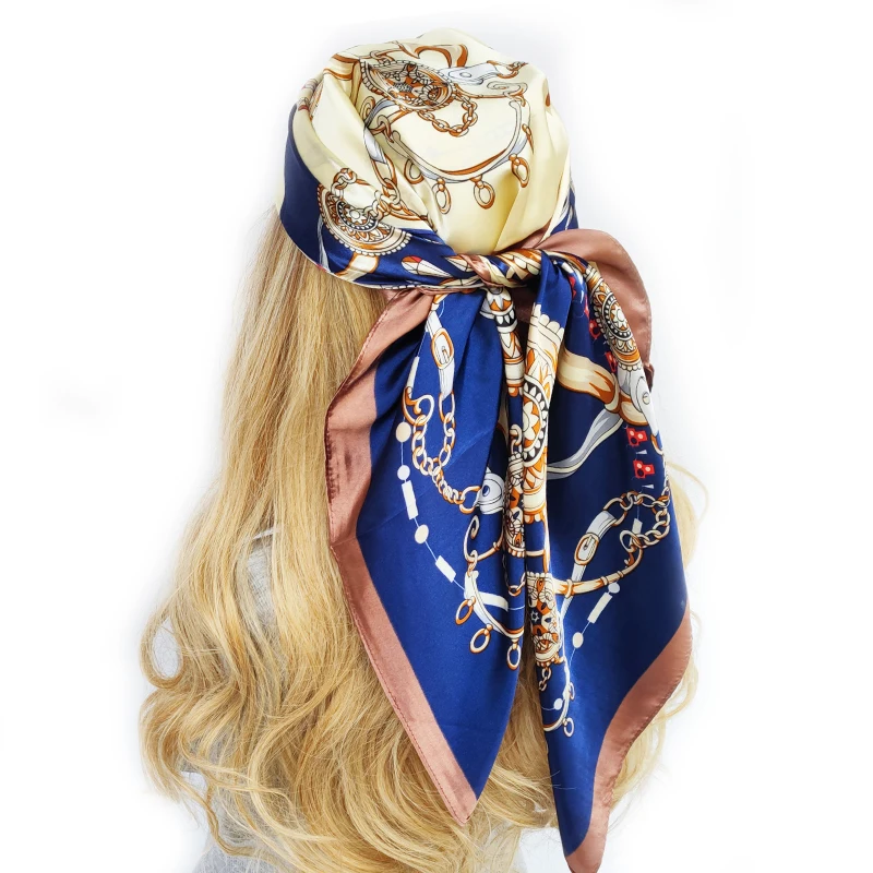 Nová móda 90x90cm Plaid Square Scarf Ženy Vysoko kvalitné tlačené hodvábny krém na pláži Fould Bandanna Tufnler Wrap Shaw