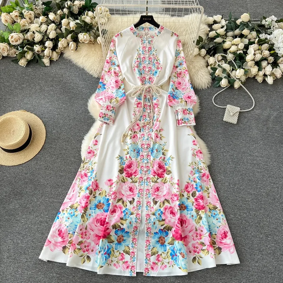 Nová módna dráha White Blue Green Long Dress Dámske stojan Lucerny Rukáv Single Breasted Floral Print Lace Up Boho Vestidos