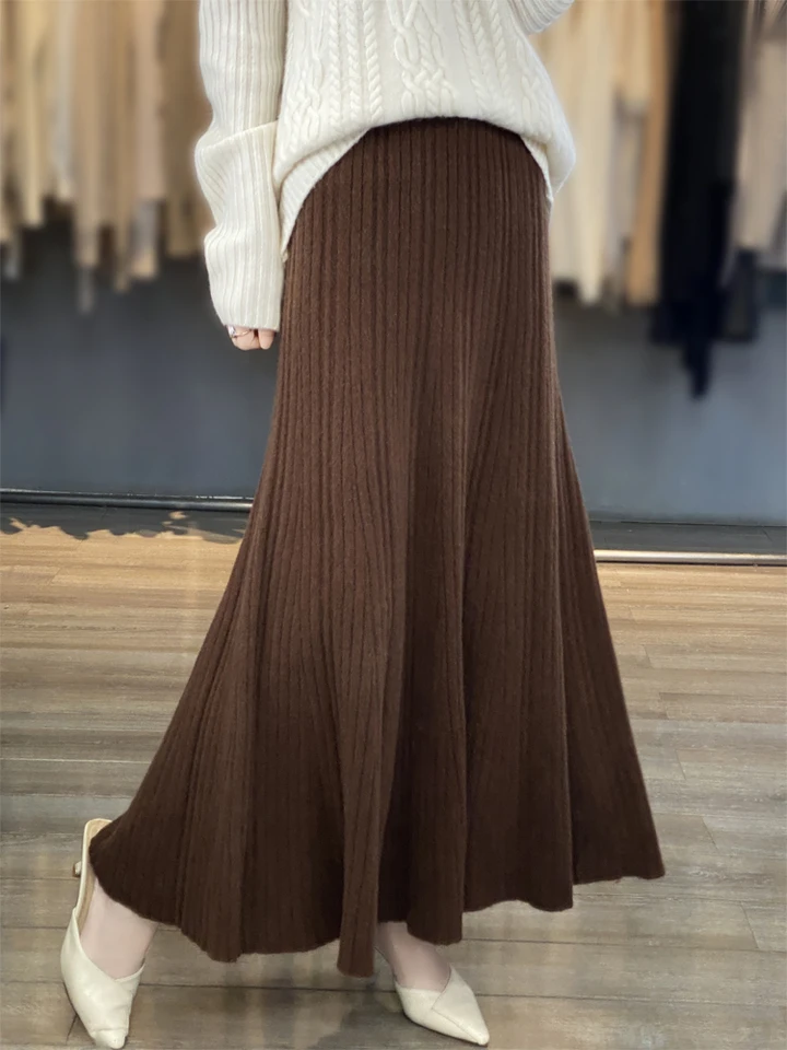 Nová módna jeseň zimná zimná dámska základňa vlnená skladaná sukňa 100% merino vlnená pletená pletené ženské ležérne voľné mäkké pletenie dlhá sukňa