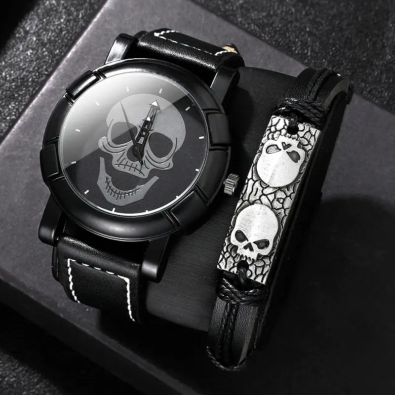 Nová módna lebka hodinky Set Men Príležitostné športové hodinky Pánske kožené remienok Quartz Watch Watch Fashion Business Muži sledujú relogio
