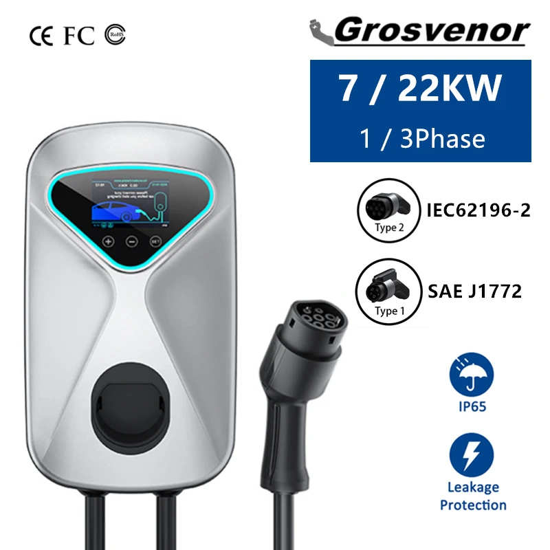 Nová nabíjačka EV 32A 22KW Elektrické vozidlo nabíjačka EVSE WALLbox 7KW 11KW 3PHASE Typ 2 J1772 Kábel s ovládaním aplikácie