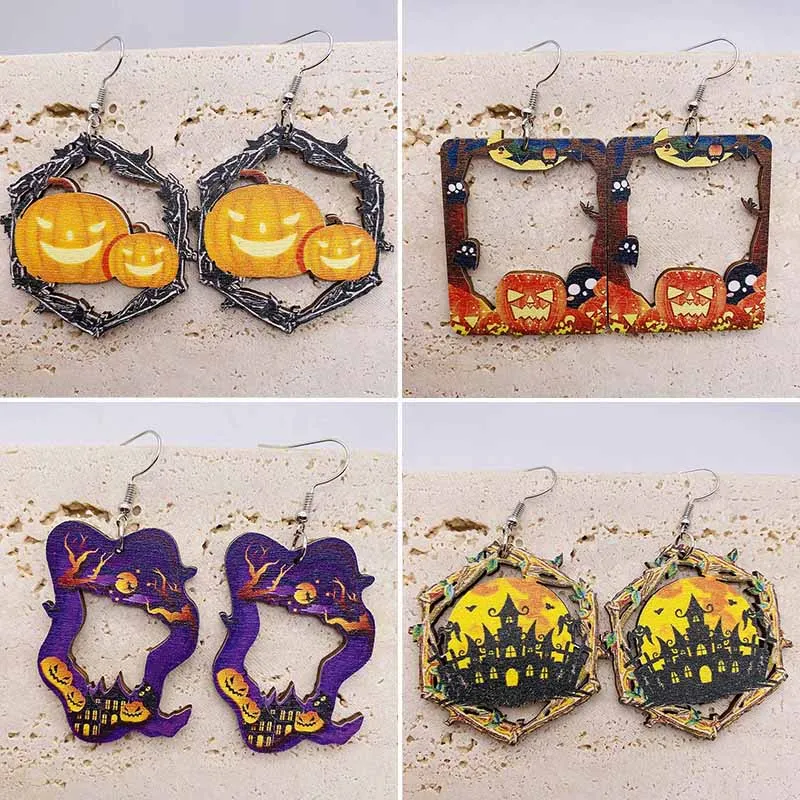 Nová originalita Halloween Drevené náušnice tekvica hlava hrad čarodejnícka klobúk voda kvapka duté ušné prstene darček