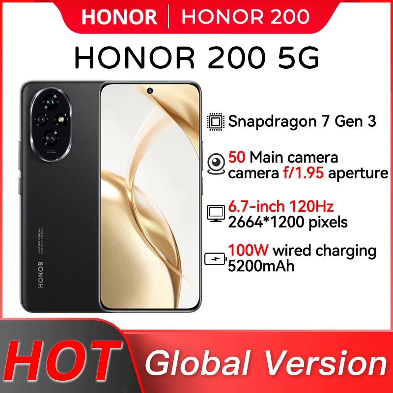 Nová originálna globálna verzia Huawei Honor 200 Snapdragon 7 Gen 3 6.7 '' 2664*1200 AMOLED 50MP*2+2MP 51000MAAH 100W NFC HOND