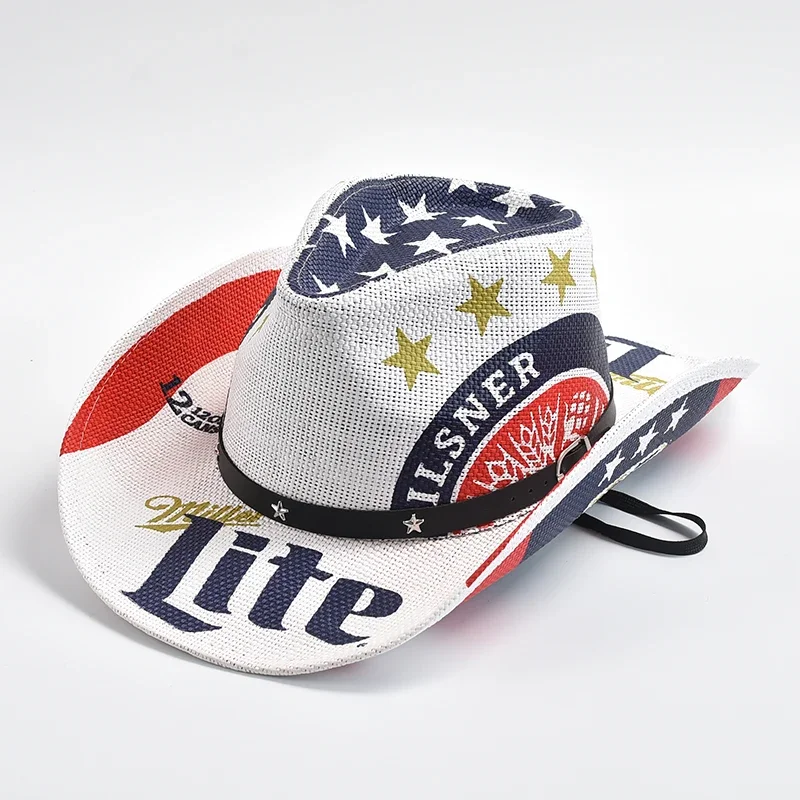 Nová papierová slama Western Cowboy Hat for Women Men Classic American Flag Cowgirl Cap Panama Jazz Hats Sombrero hombre