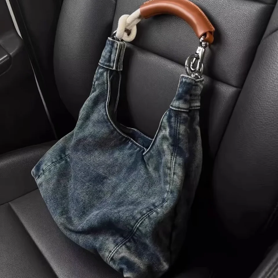 Nová retro denimová taška na rameno pre ženy kožená rukoväť podriadený vrecko High-end voľný čas dochádzanie do kabelky Trendy pikantné dievča hobo taška