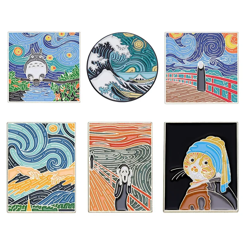 Nová retro olejomaľba série zliatiny brošňa kreatívne kreslené vlny Cat Cat Cat Art Bag Doplnky