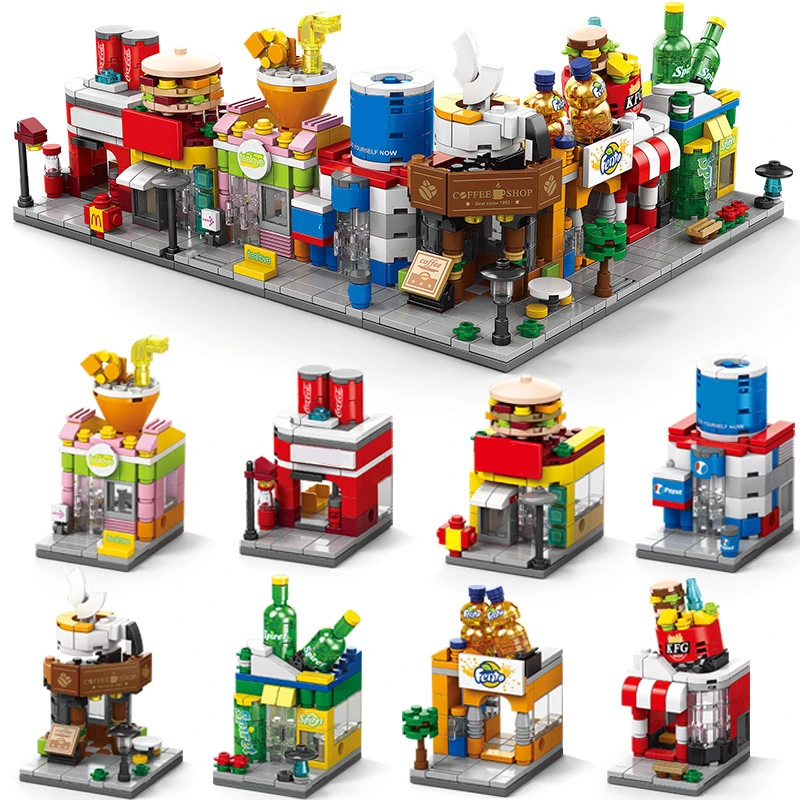 Nová reštaurácia pre domácich majstrov kávový mliečny čaj Street výhľad na jedlo pre stravu House Building Blocks Kit Dievčatá tehly Model Model pre deti hračky pre deti