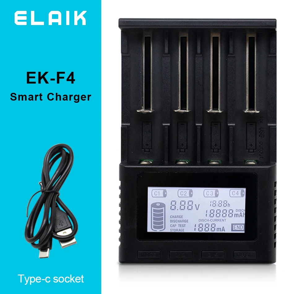 Nová skúšobná kapacita EK-F4 T2 nabíjačka LCD Universal Smart Charger je 26650 18650 14500 21700 18500 AA AAA a ďalšie 4 automaty
