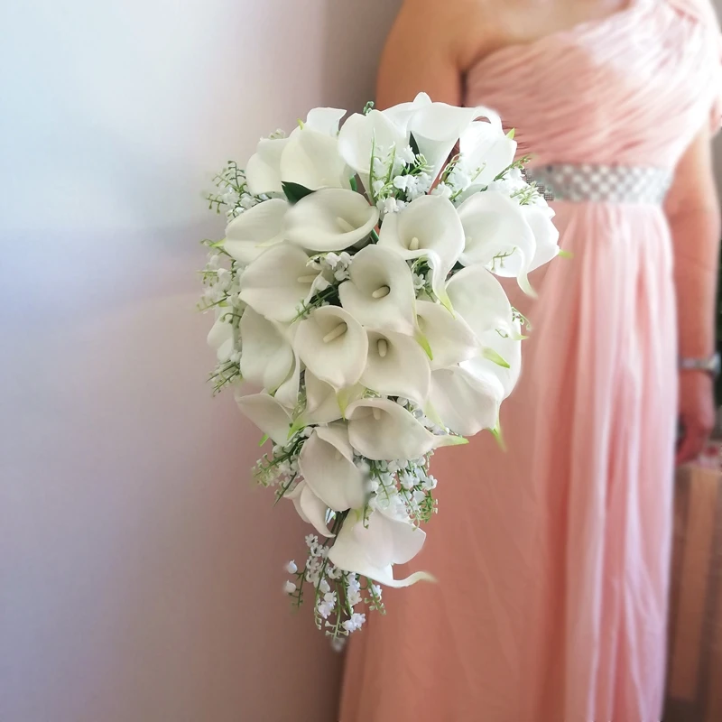 Nová svadobná zbierka Slonovina Calla Lilies White Bell Orhid Svadobná kytica Cascading Flores de Boda Ponpa de Hierva Artificial
