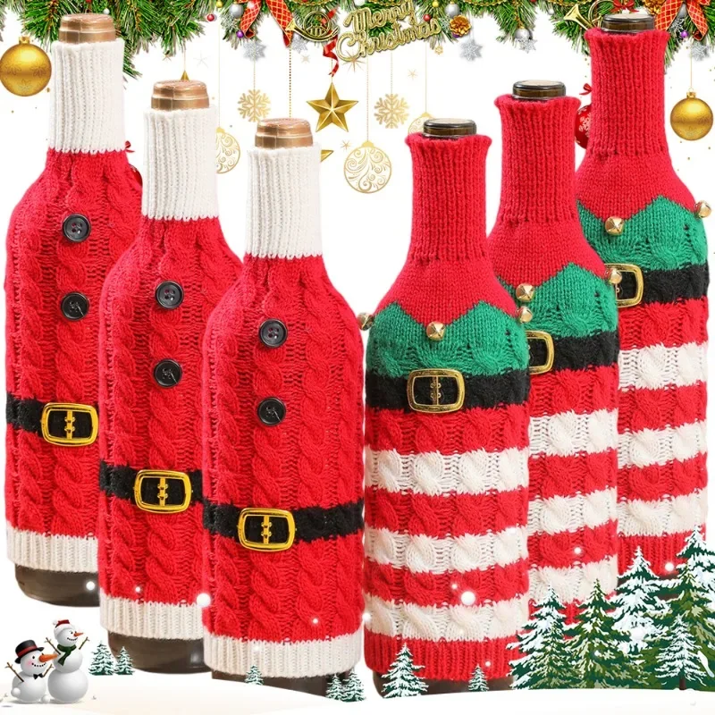 Nová vianočná fľaša na fľaše na víno Santa Claus Pletená sveter s fľašami s fľašou s čiapkou Domov Vianoce Nový rok večere dekorácie