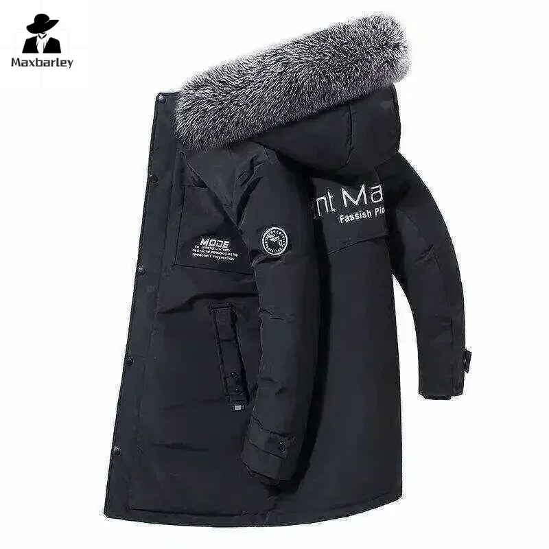 Nová zimná bunda Pánska dlhá móda Zhruba veľký kožušinový golier vetruproty Where White Duck Down Parka Men Luxusný kabát s kabátom