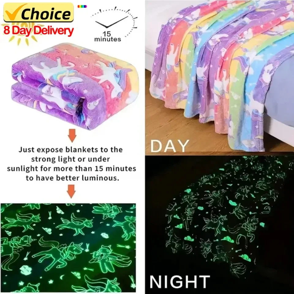 Nová žiariaca prikrývka jednorožec narodeniny darček Halloween mäkké dúhové hviezdy flanel Glow Magic Deň vďakyvzdania dekorácia 152 cm x 127 cm