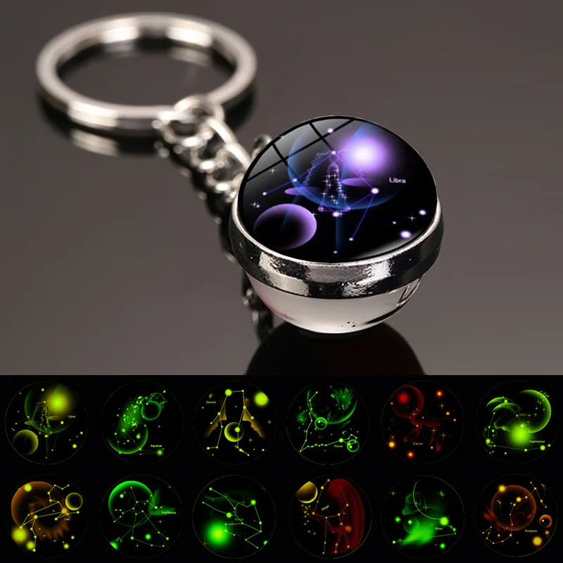 Nové 12 konštelácie kľúča kľúča Hviezdna obloha Luminát Keychain Time Stone Glass Glass Ball Key Chain Doplnky prívesok Kľúčové reťazce Darčeky