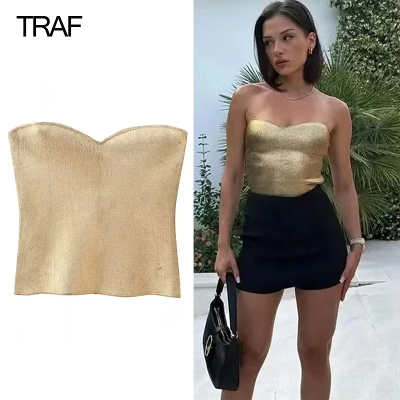 Nové 2025 mimo ramena korzet top ženy zlaté pletené plodiny top Sexys žena bez rukávov bez backless korzet topy módne letné trubice vrcholy
