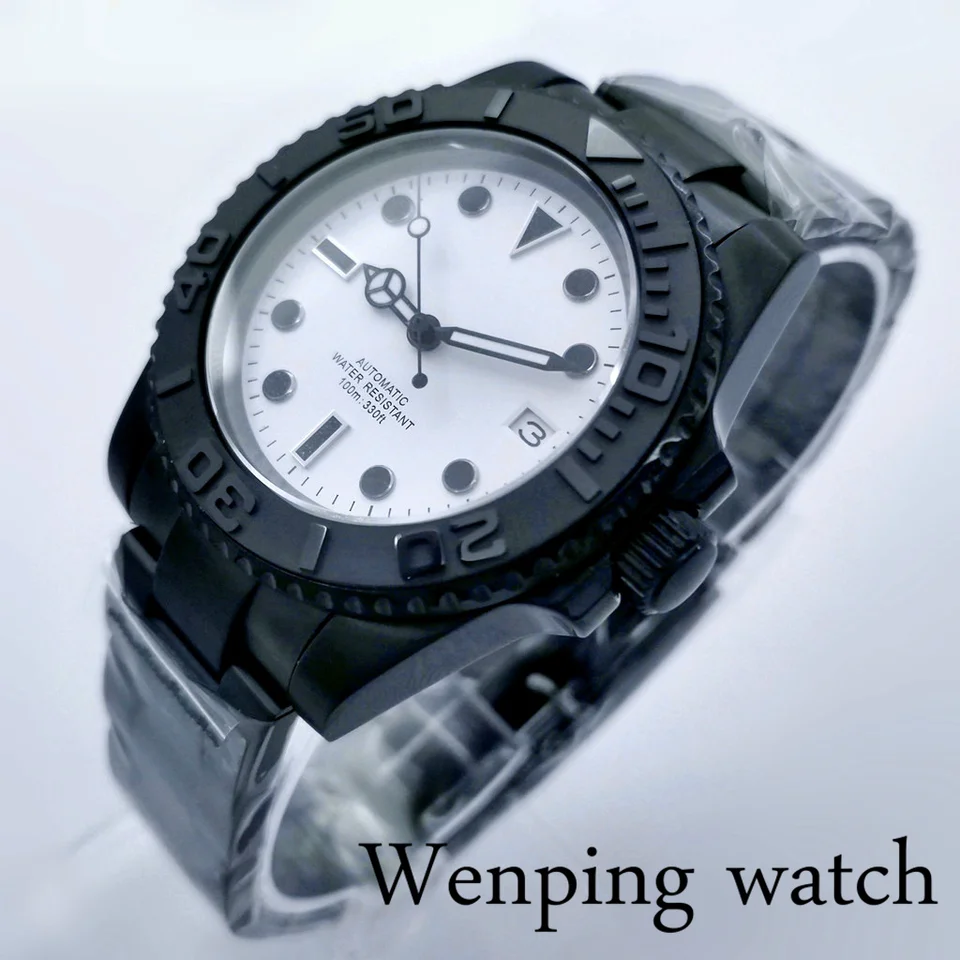 Nové 40 mm mechanické sterilné hodinky Sapphire Glass White Dial Čierny puzdro Keramický rám Dátum NH35 Automatický pohyb pohybu
