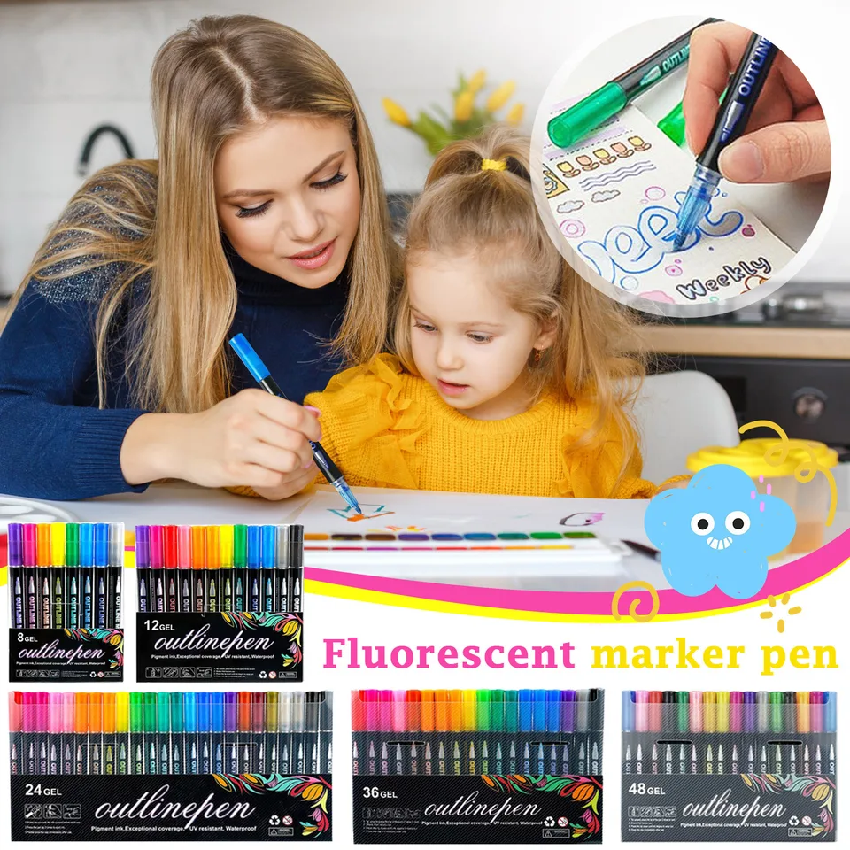 Nové 8/12/24/36/48 Farby Dvojité osnovné obrysové pero Pen Dream Flash Pen Metal Color Marker DIY Handbook Fluorescent Marker