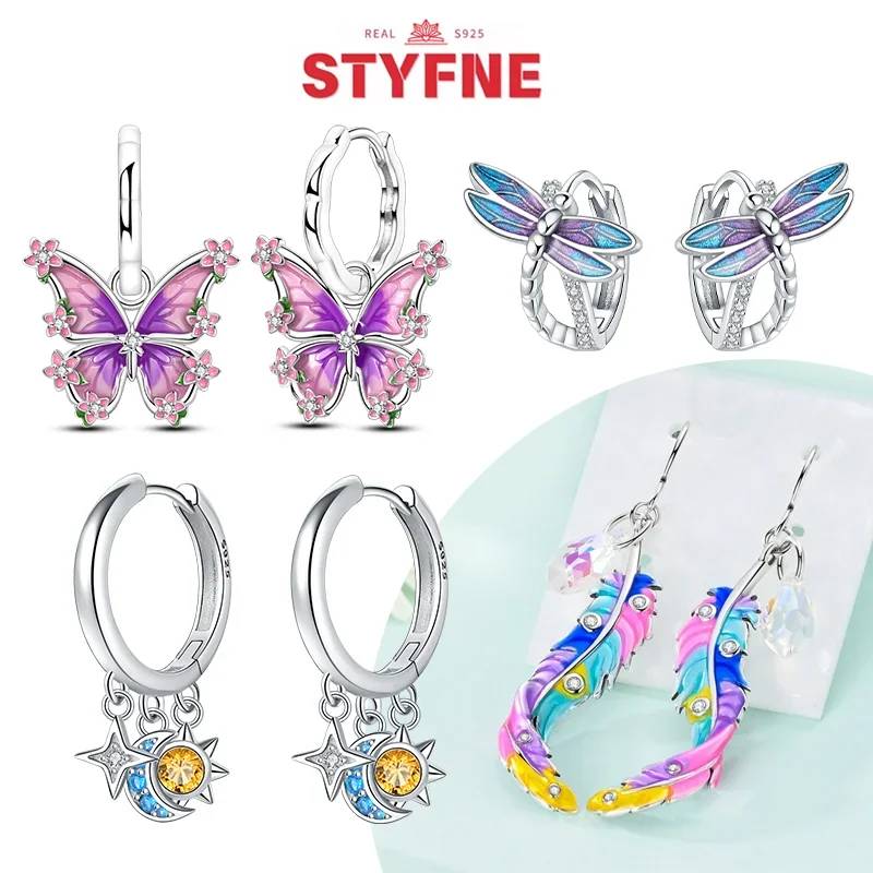 Nové 925 Sterling Silver Butterfly náušnice Originálne Vintage Sun Moon Star Dangle Hoop náušnice pre ženy