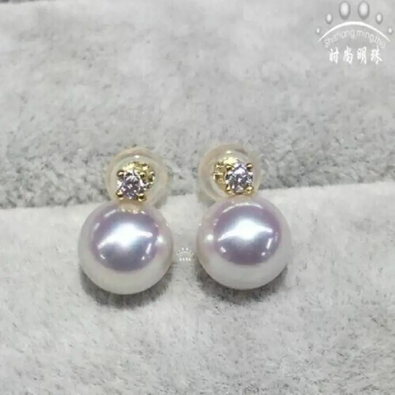 Nové AAAA 8-9 mm okrúhle prírodné akoya biele perly 18 K žlté zlato / AU750