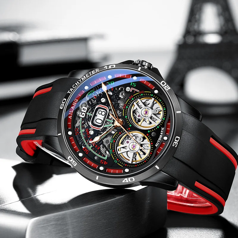 Nové Ailang Watch Pánske automatické mechanické hodinky Jednoduché a módne duté svetelné vodotesné dvojité hodinky zo zotrvačníka