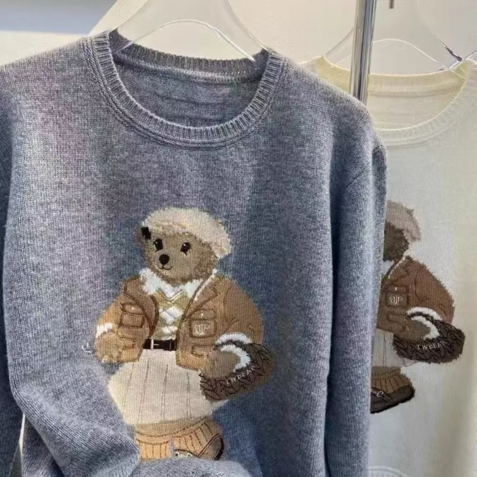 Nové americké preppy sladké ženy červený šedý sveter roztomilý medvedí výšivka pletené skokanské vrcholy voľné s dlhým rukávom Pullover Kórejský y2k top