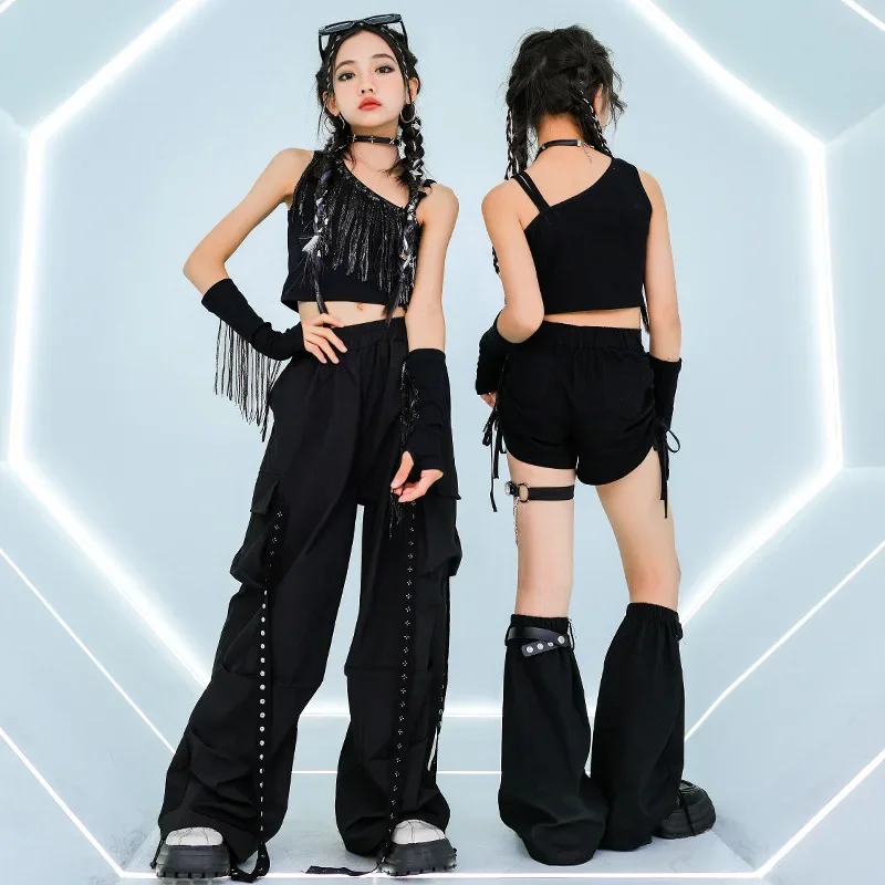 Nové dievčatá jazzové tanečné oblečenie Kids Čierne topy nohavice Panty roztlieskava Dance Performance Kostýmy Teenageri Hip Hop Street Dance Suit
