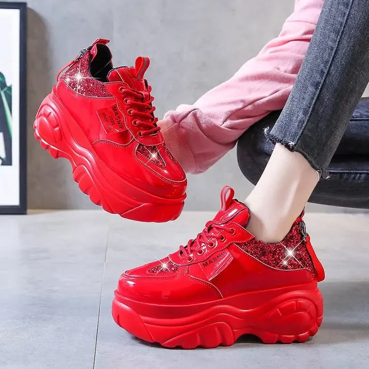 Nové dámske lesklé tenisky Príležitostné ženské šnurovacie šnurovanie Platformou topánky módne Comfort Dad Chunky White Black Red G87