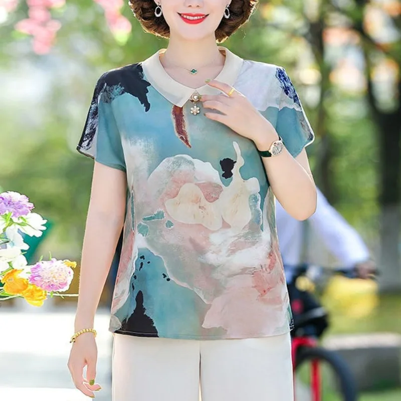 Nové dámske letné čínske štýl Prírodná scenéria Vytlačená Lace Pet Pan Collar Lace Beading krátke rukávy dochádzanie tričko voľné vrcholy