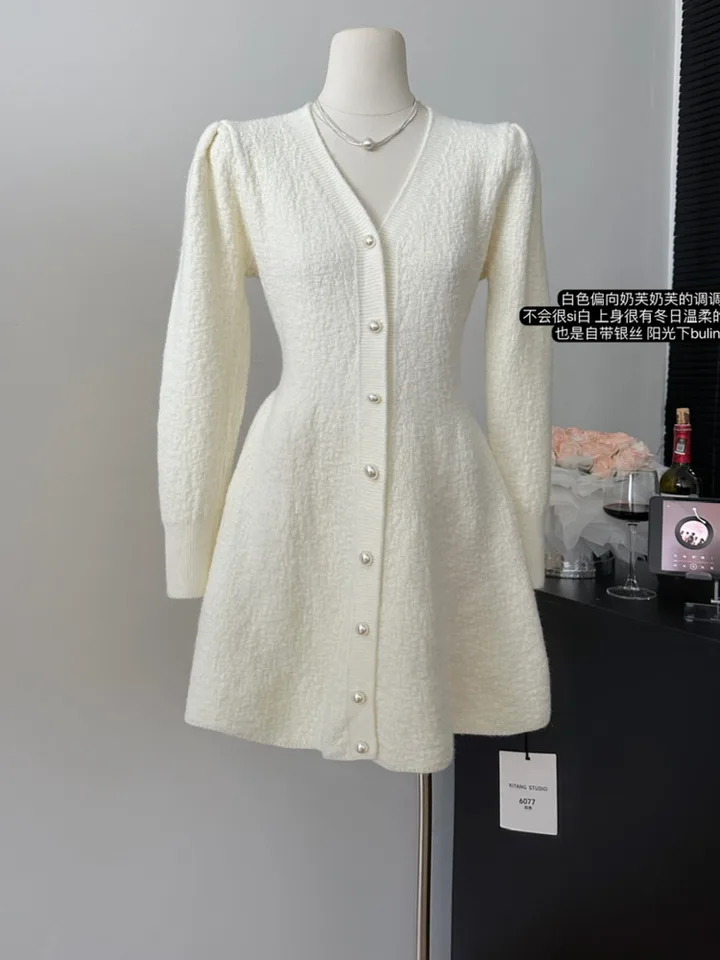 Nové dámske pletené elegantné mini šaty Jeseň s dlhým rukávom Kórejská jednotlivá módna kancelária Lady Vintage Bright Hodváb