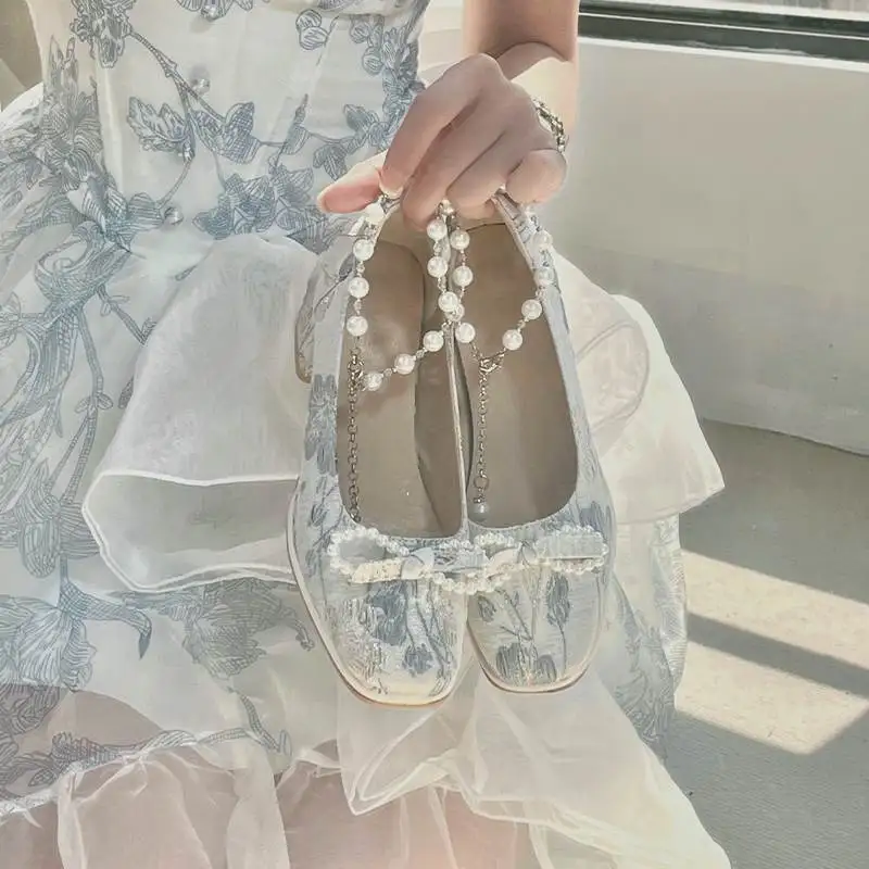 Nové dámske topánky Mary Jane s Pearl Bow a Cheongsam Retro a všestranné vysoké podpätky