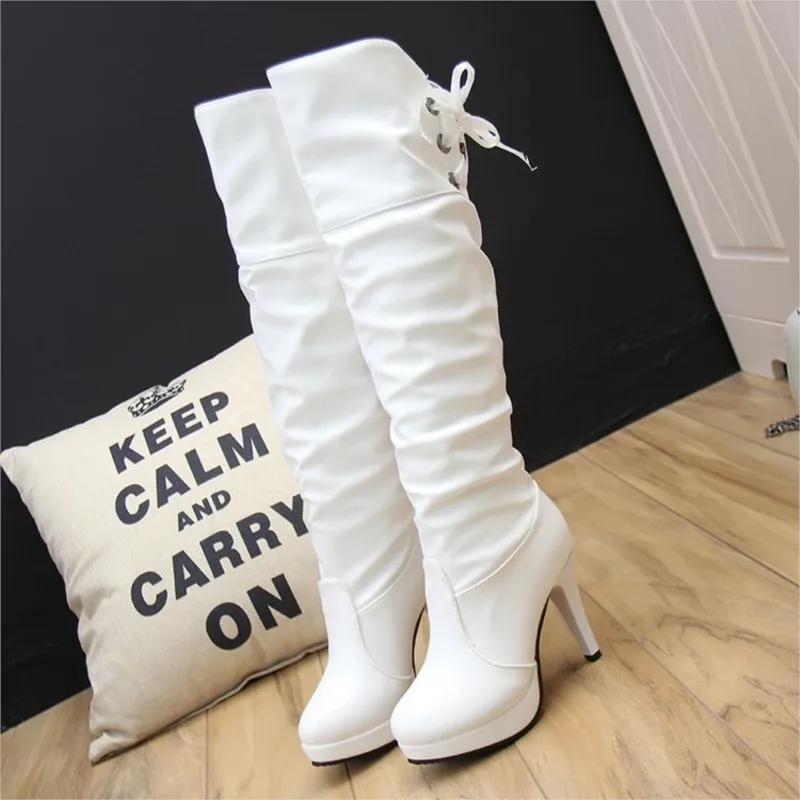 Nové dámske topánky vysoké podpätky Hrubé podpätky v polovici vysokého zadného šnurovania Knight Boots Winter Sexy čierne biele koleno-vysoké topánky C1184