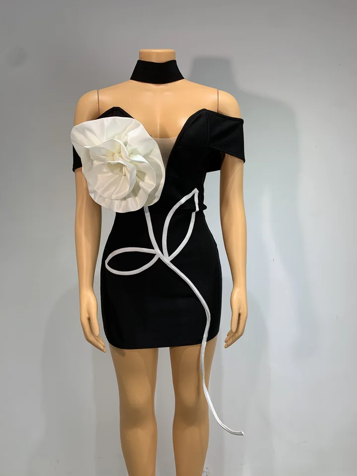 Nové elegantné šaty na párty 2025 Sexy mimo ramena kvet čierneho obväzu šaty narodeniny oslavovať klubovú show