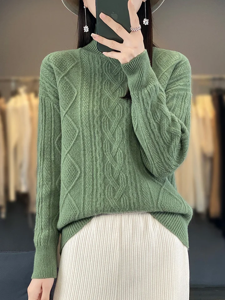Nové elegantné ženy 100% merino vlnené pullover jesenné zimné zimné rolák kašmírový sveter káblové stehy plech