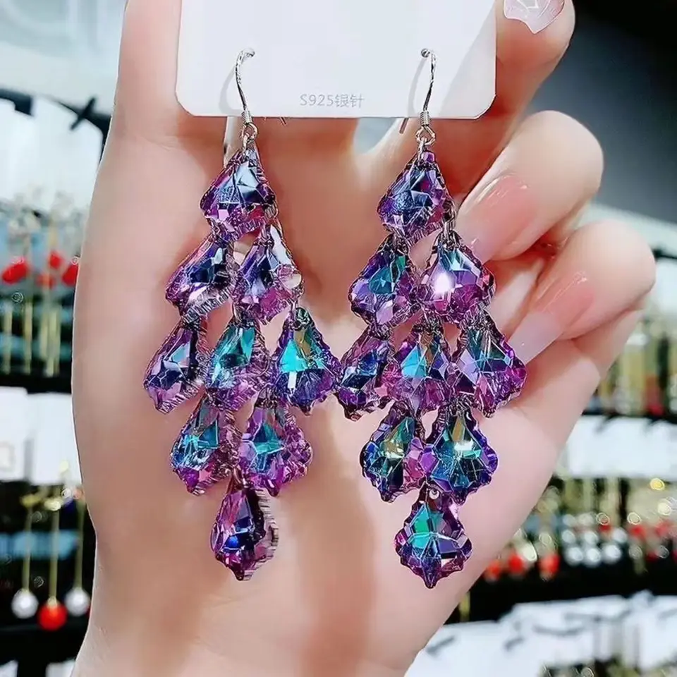 Nové farebné fialové krištáľové visiace náušnice pre ženy Bohomia Trend Big Long Luxury Party Bankety Špičky Darčeky