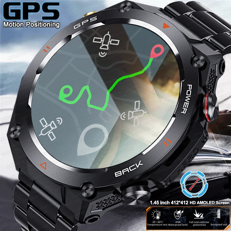 Nové GPS Smartwatch 1,45 '' AMOLED Display 100 Športových režimov Volám Inteligentné hodinky Men Men Vojenské hodinky Houdness Hodinky