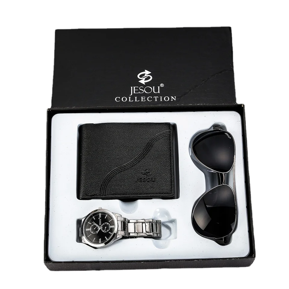 Nové hodinky 3ks/set módne pánske hodinky s boxom Luxusné Quartz Watch for Men Glasses Wallet Wristwatch Set Darček pre mužské hodiny