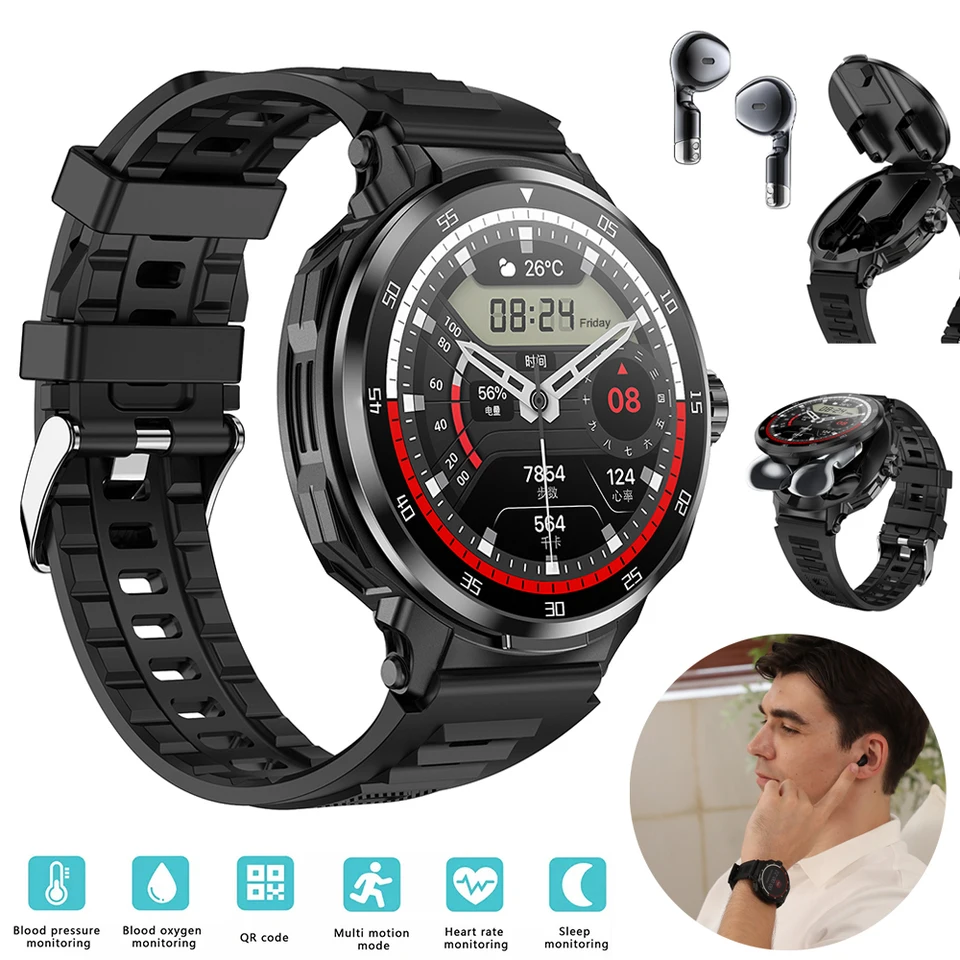 Nové inteligentné hodinky pre mužov Ženy 2-v-1 TWS slúchadlá HIFI 9D Bluetooth Call Call srdcová frekvencia Monitorovanie zdravia IP67 Sports Smartwatch