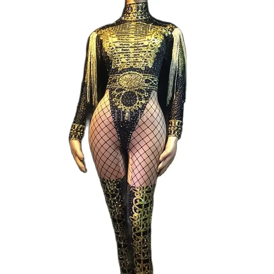 Nové iskrivé zlaté strapce epaulet kamienky skrínky žien Jazz Dance Stretch Bodysuit Outfit Evening Show jednodielny kostým
