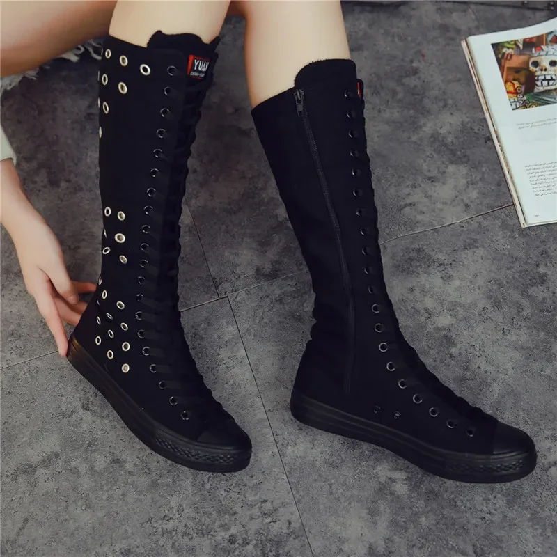 Nové jarné jesenné topánky Dámske topánky Canvas Cast High Top topánky dlhé topánky Last-up zips Pohodlné tenisky s plochými topánkami
