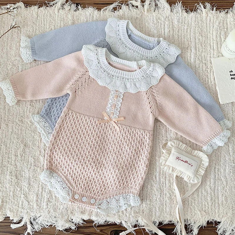 Nové jesenné dievčatká Rompers bavlnené pletené pletené čipky Dojčenské dievčatá Dievčatá Knit ružová princezná batoľatá dievčatá oblečenie