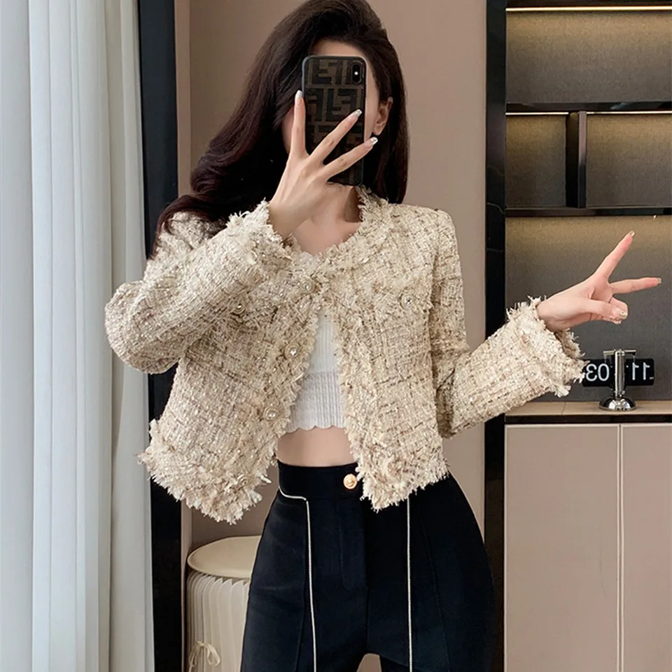 Nové jesenné zimné ženy s jednostrannou tvídovou bundou Vysoko kvalitné ženské elegantné kórejské elegantné krátky kabát