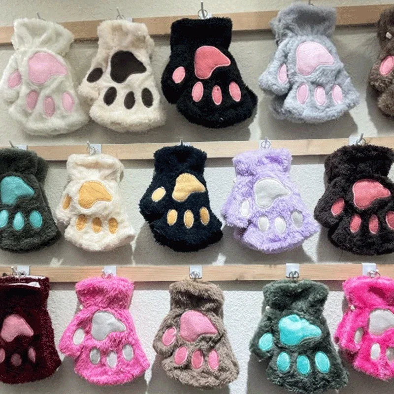 Nové kawaii ženy teplé mačacie rukavice módne dievčatá Cat Claw Paw Plush Ru rukavice mäkké plyšové skryté prsty bez prstov zimné rukavice