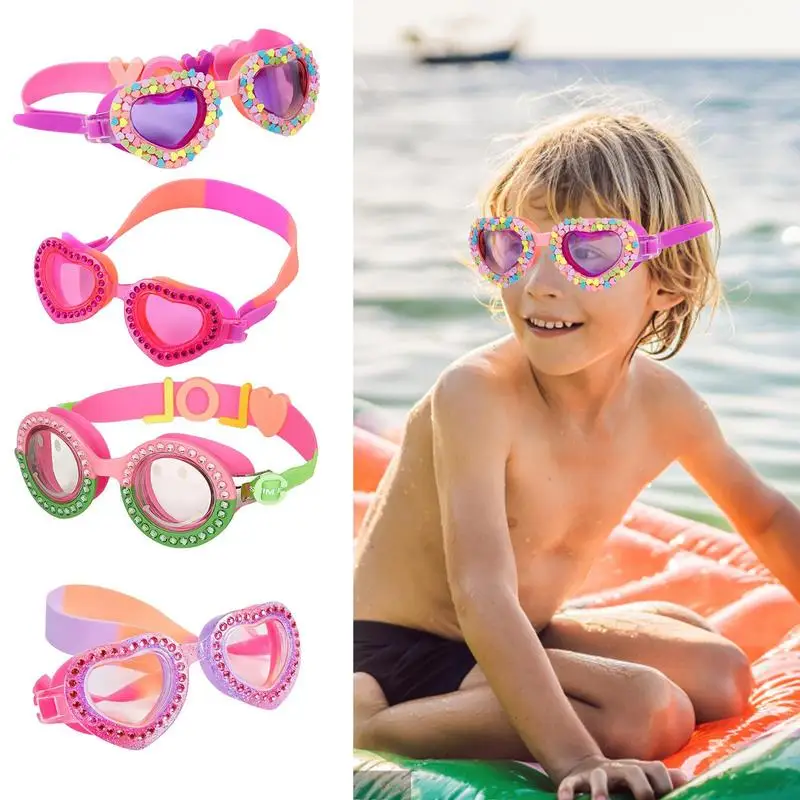 Nové krásne vodotesné detské kúpaliská Candy Rainbow Heart UV Fogging Proof Training Training Powiving Goggles Detské darčeky