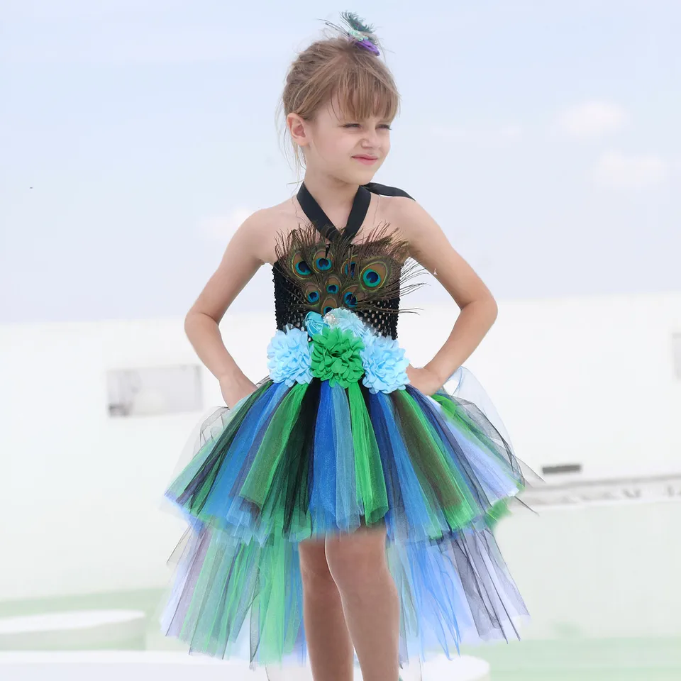 Nové kvetinové perie dievčatá Peacock Tutu šaty deti Tulle Princezná Peacock Costume for Girls