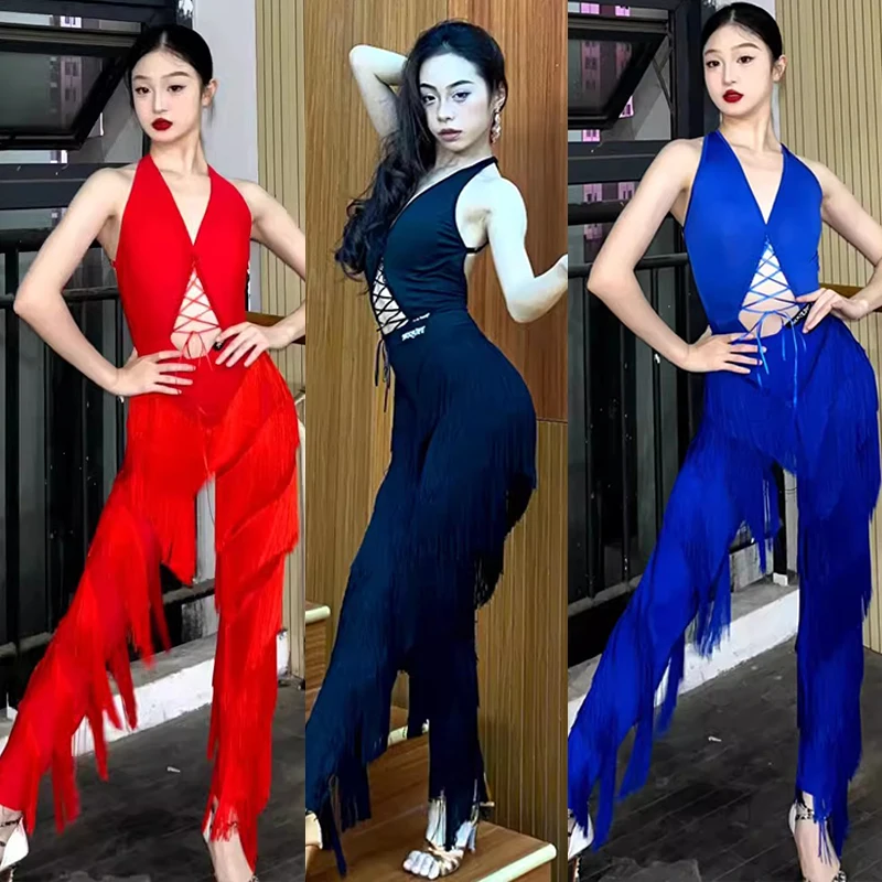 Nové latinské tanečné odevy Ženy backless čierne topy Tassel Pants Pants Cha Cha Performance kostým Samba Rumba Dance Outfits DNV18716