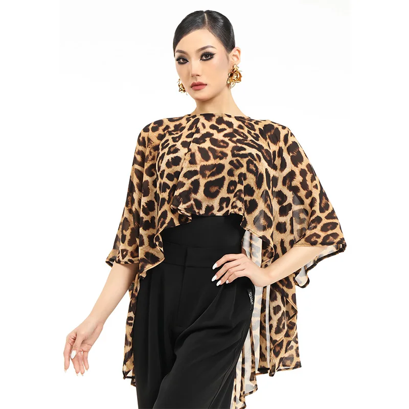 Nové latinské tanečné topánky Leopard Mesh Nepravidelný smock pre dospelé ženy tanečný odev Waltz Dance blúzka Experce Wear NV21837