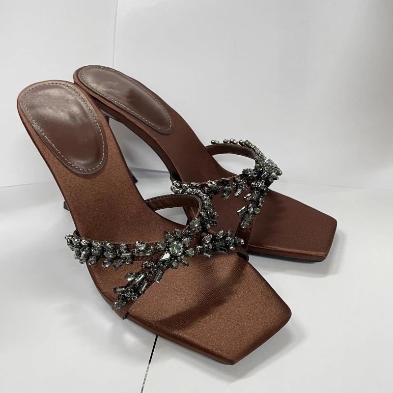 Nové letné dámske sandále s vysokým podpätkom krížom kamienok Square Hlava Otvorená špička Sandále Hodváb Sexy Stiletto High podpätky Mules