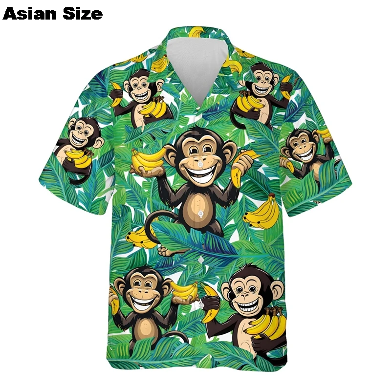 Nové letné havajské ovocné banány Monkey Monkey 3D tlačené plážové košele Príležitostné košele Aloha pre mužov 2025 Hip Hop Animals Y2K Blúzky Tops