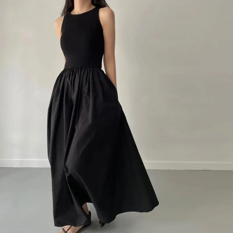 Nové letné ženské šaty módneho štýlu Jednoduché elegantné čierne dlhé šaty pre ženy okrúhle rukávy bez rukávov Vysoký pás
